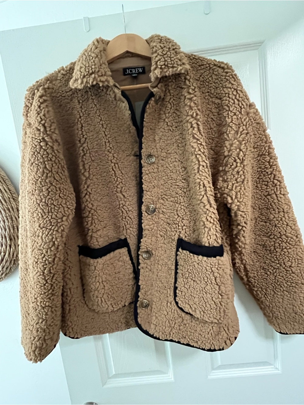 J. Crew Camel Sherpa Button-Up Jacket with Black Trim LARFE